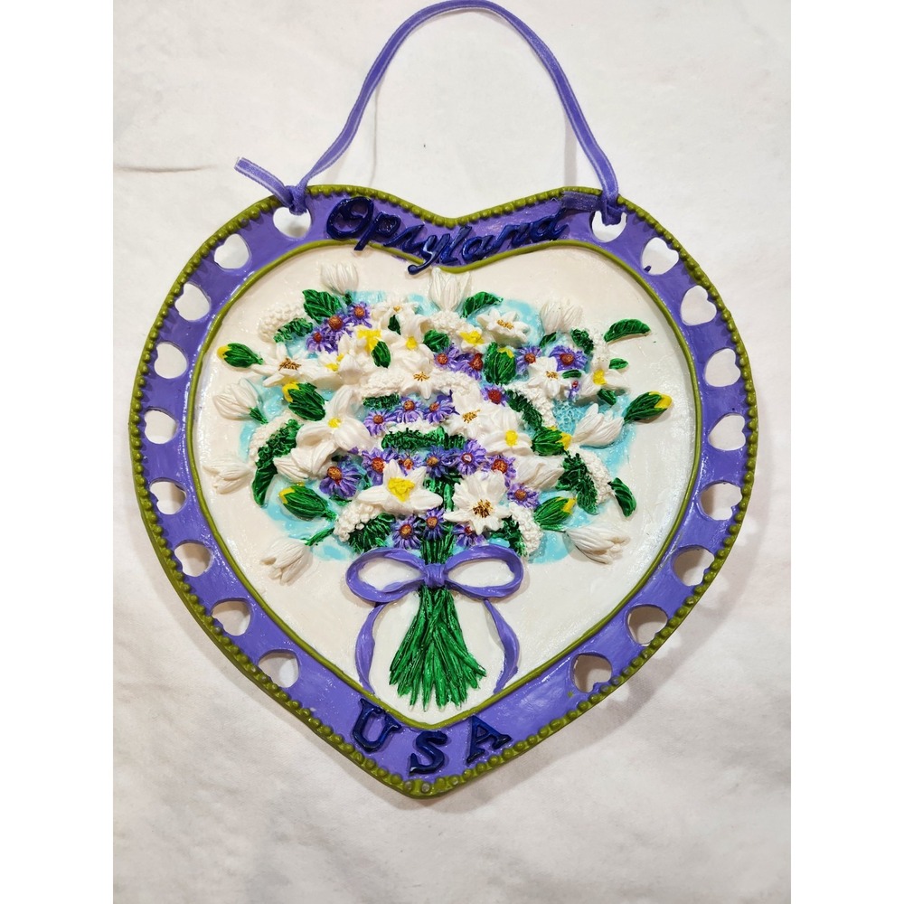 OPRYLAND USA Wall Art Ceramic Flowers Plate/ Wall Hanging Scalloped Rim W/Hearts